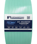 Five Eighth Inch By Thirty Five Thousandth Inch Embossed Polyester Strapping Roll For Heavy Duty Hand And Battery Tools One Thousand Four Hundred Pound Break Strength Sixteen By Six Core UV And Rust Resistant Four Thousand Feet Long rolled polyester strapping