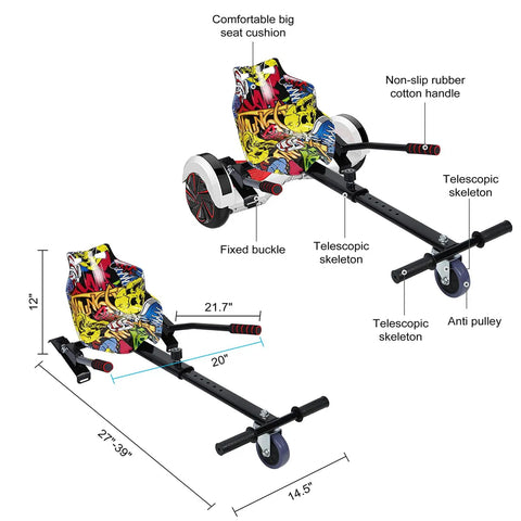 Diagram of a go kart conversion kit with colorful seat, adjustable frame, and telescopic skeleton for 6.5-10 inch hoverboards.