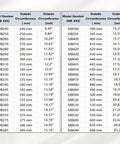 Size chart for MB 350 Motor Drive V Belt for Sewing Machines, 350mm Outside Circumference, 6mm Width, 4mm Height