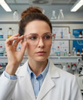 Woman wearing pink clear safety glasses anti fog nursing goggles in lab setting