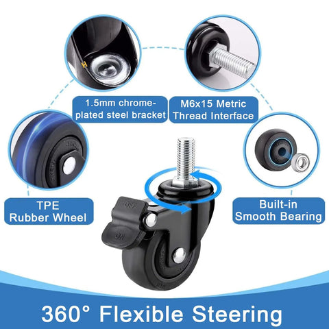 Badass Heavy Duty Swivel Caster Wheels With Parking Brakes And M6x15 Threaded Stems For Gnarly Desk Furniture And Sick Cart Build Repairs 4 Pack features TPE rubber wheel and chrome-plated steel.