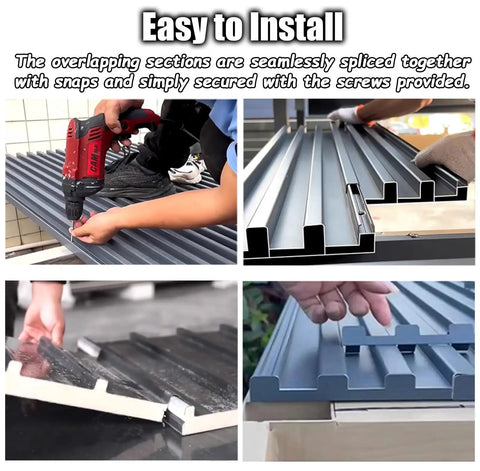 10 Pack Built Tough Corrugated Aluminum Roof Panels With Thermal Insulated Core For Pergola Sheds And Garages Weatherproof Outdoor Cladding Sheets installation process showing overlapping seams and assembly.