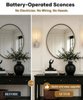 Wireless Wall Sconces with Remote Control, 10000mAh Battery Operated Wall Sconce Set of 2, Brushed Nickel in interior setting.