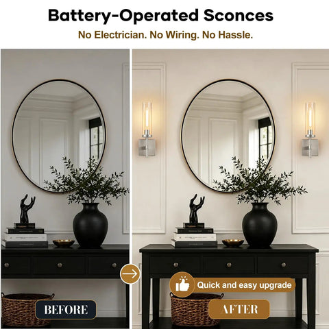 Wireless Wall Sconces with Remote Control, 10000mAh Battery Operated Wall Sconce Set of 2, Brushed Nickel in interior setting.