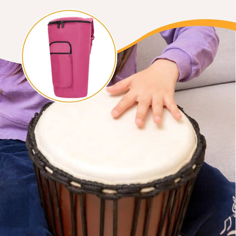 Heavy Duty 12 Inch African Drum Bag Waterproof Shockproof Hand Drum Backpack Oxford Cloth Case shown with a hand on a drum.