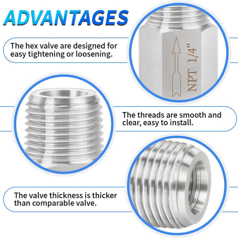 Inline 304 stainless Siamese check valve with 1/4 in NPT male threads; close-ups show threads and hex.