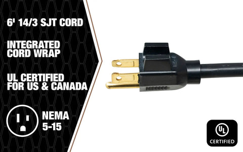 Heavy Duty Magnetic 6 Outlet Metal Power Strip With 6 Foot Cord, close-up of black plug with gold prongs, UL Certified
