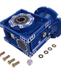 Blue 30 To 1 Worm Gear Speed Reducer MRV063 56C Mount Hollow Shaft with screws, nuts, washers, and a metal cap