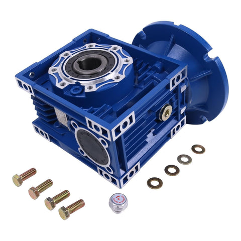 Blue 30 To 1 Worm Gear Speed Reducer MRV063 56C Mount Hollow Shaft with screws, nuts, washers, and a metal cap