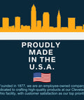 Front view: navy label with orange skyline graphic and Proudly Made in the U.S.A. text with American flag.