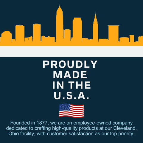 Front view: navy label with orange skyline graphic and Proudly Made in the U.S.A. text with American flag.