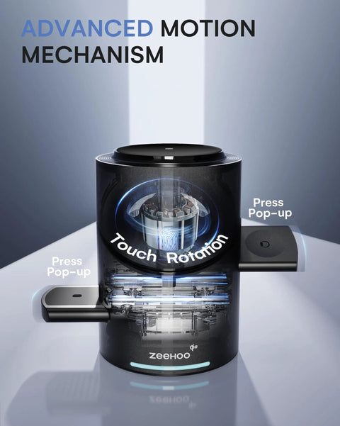 Advanced motion mechanism of 3 In 1 Wireless Charging Station For Apple Gear With MagSafe Stand, Qi2 15W Fast Charging, Auto Rotating Dock For IPhone 17 To 12, AirPods And Apple Watch, Black, showing press pop-up functionality.