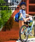 Child with bike using 2 Pack 20 Inch Bike Tubes For 1.75 To 2.125 Inch Tires With 32mm Schrader Valve And 2 Tire Levers.