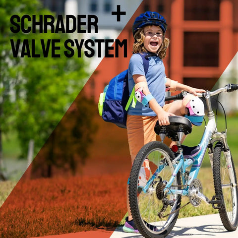 Child with bike using 2 Pack 20 Inch Bike Tubes For 1.75 To 2.125 Inch Tires With 32mm Schrader Valve And 2 Tire Levers.