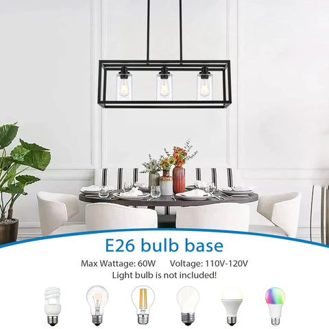3 Light Linear Kitchen Island Chandelier Dope Matte Black With Rectangular Clear Glass Shades installed above dining table