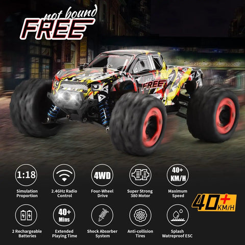 High Speed 1 18th Scale 4x4 Waterproof Off Road RC Car With 2 4GHz Remote All Terrain Monster Truck Dual Batteries in motion on street