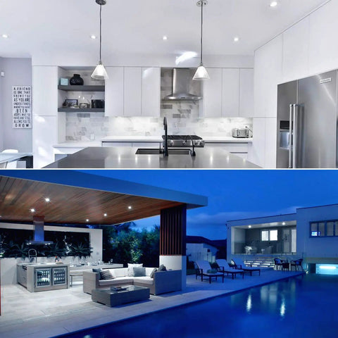 Modern kitchen and outdoor pool area illuminated by 4 Pack PAR20 LED Bulbs 50W Equivalent 5000K Bright White Dimmable Spotlight Bulbs.
