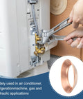 Copper Flare Gasket Set For Three Eighths Inch Tubing, 12 Pack in use with air conditioning unit, showing installation process.