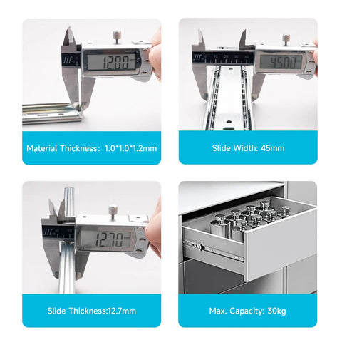 Measuring thickness and capacity for 22 Inch Full Extension Drawer Slides With Soft Close Side Mount 100 LB Capacity Ball Bearing Rails