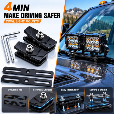 No Drill Clamp On Hood Mount LED Light Bar Brackets For A Pillar Ditch Lights Extensions on truck hood with tools