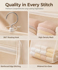 Pink Mesh Storage Hanging Bag With 360 Swivel Hook and Expandable Double Layer Closet Organizer showing 360° rotating hook and reinforced edges.