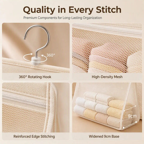 Pink Mesh Storage Hanging Bag With 360 Swivel Hook and Expandable Double Layer Closet Organizer showing 360° rotating hook and reinforced edges.