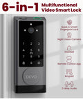 Six In One Smart Lock With Camera And Doorbell For Front Door, Keyless Entry, Fingerprint Scanner, App Remote, IC Card, Passcode, And Voice Control With Alexa And Google Assistant, Wi Fi Enabled Deadbolt In Silver, mounted on a door.