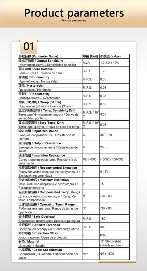 Technical specifications for Tension And Compression Force Sensor Load Cell Stainless Steel Pro Grade, 5 kN Capacity.