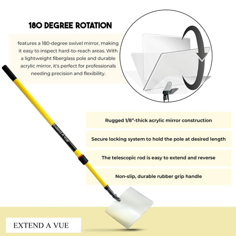Telescoping Inspection Mirror With Fiberglass Pole Lightweight And Durable Pro Grade Tool For Reaching Tight Spots From Four To Eight Feet Eight By Ten Inch Acrylic Mirror For Vehicles Tanks And Utilities. 180-degree swivel acrylic mirror