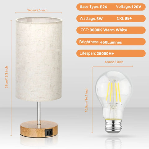 Sleek Bedside Lamp With USB C And USB A Ports, Touch Controlled Table Light dimensions and LED bulb specifications