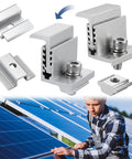 Eight Piece 35 To 50mm Adjustable Solar Panel End Clamp Mounting Brackets Kit in use on solar panels with worker installing