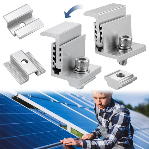 Eight Piece 35 To 50mm Adjustable Solar Panel End Clamp Mounting Brackets Kit in use on solar panels with worker installing