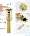 Widespread 3 Hole Brushed Gold Bathroom Faucet with no splash 8 inch center spout pop up drain details and anti-clogging feature