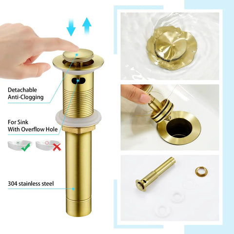 Widespread 3 Hole Brushed Gold Bathroom Faucet with no splash 8 inch center spout pop up drain details and anti-clogging feature