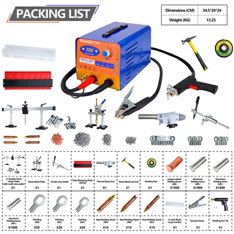 Pro Grade 3000W Spot Weld Dent Puller Kit With 11000A Peak Current 12000uF Capacitor LED Display packing list overview
