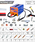 Heavy Duty 3000W Stud Welder Dent Puller kit with adjustable voltage, LED display, parts list, and accessories for auto body repair