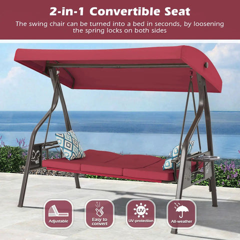 3 Seat Outdoor Porch Swing With Stand And Canopy, 2 In 1 Porch Swing Bed And Patio Chair For Adults, Wine Red, Front View