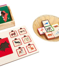 Continents And Animals Sorting Tiles Set For Kids 3-9: Color Coded Wooden Geography And Wildlife Matching Game with tiles in basket and board