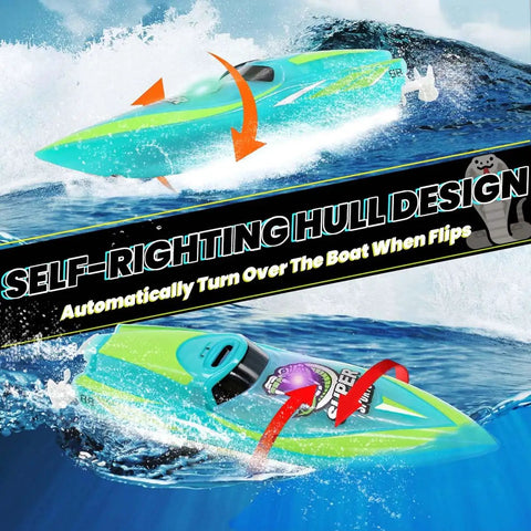 Mini Remote Control Boat With 2.4Ghz Remote 360 Degree Rotation LED lights self-righting hull design, green, in water