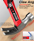 Red-handled hammer close-up showing claw angle for the Ultra Handy 560 Piece Nails And Hammer Set With 8oz Hammer And 10ft Tape Measure.
