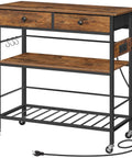 Rolling Kitchen Island With Storage, Movable Cart With Two Drawers And Built In Outlet, showing wood and metal frame