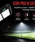 Badass 1000W LED Stadium Flood Light Featuring Rock Solid Aluminum Housing And DLC Certified Seoul LED Modules For Tough Outdoor Parking Lots And Industrial Work Sites Built Like A Tank For High Performance Ground Mount Lighting, shown angled with detailed features and bright illumination.