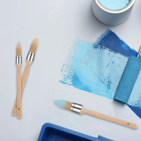 4 Piece Trim Paint Brush Set with wooden handles, featuring a blue paint swatch and roller, ideal for baseboards and edges.