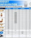 Front view of 76-piece brass DOT air line fittings kit with 100 ft of 1/4" blue tubing and 50 ft of 3/8" blue tubing.