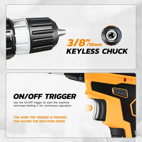 Close-up of 3/8 inch keyless chuck and on/off trigger of 18V Max Cordless Drill Driver Kit, orange and black design.