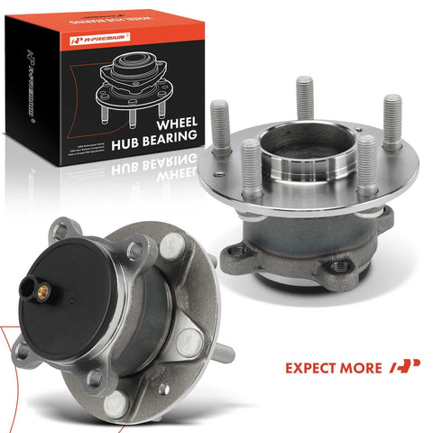 Two Pack Rear Wheel Bearing And Hub Assembly For Mazda 3 2019 To 2023 And CX 3 2020 To 2021 5 Lug Compatible With Front Wheel Drive Only Durable Premium Quality Plug And Play Ready To Install, featuring hub components and packaging.