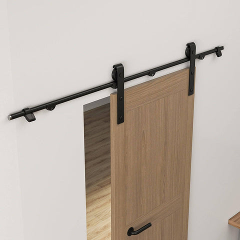 6.6ft Sliding Barn Door Hardware Kit With Heavy Duty Steel Rollers And Flat Tracks, Supports Up To 220 Lbs, Installed on Wooden Door
