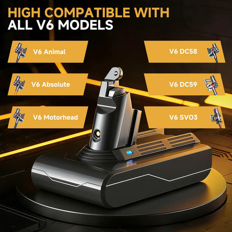 Long Lasting 8000mAh 21.6V Li Ion Battery Replacement for Dyson V6 Cordless Vacuum Cleaners shown with compatible models