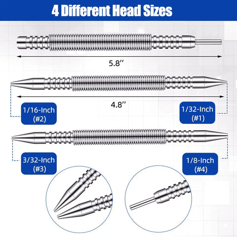 Beefy Dual Head Nail Setter And Hinge Pin Punch Set Kit showing 4 different head sizes and lengths of 5.8 and 4.8 inches.