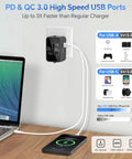 All-In-One Travel Adapter With GaN Fast Charging PD 3.0 USB-C And USB-A Quick Charge Ports shown charging laptop and phone